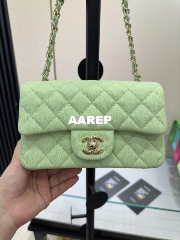 Replica Chanel Small Classic Flap CF Bag Quilted Caviar Shining Light Gold Hardware 20cm in Light Green 6