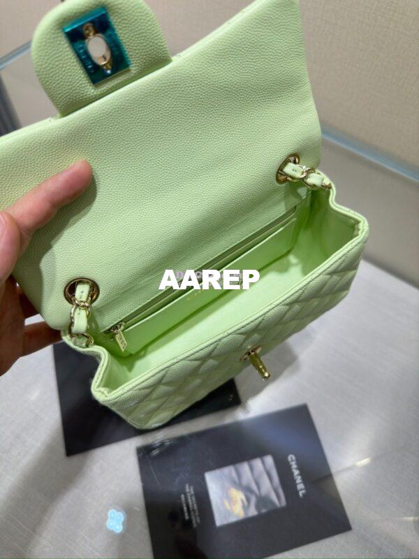 Replica Chanel Small Classic Flap CF Bag Quilted Caviar Shining Light Gold Hardware 20cm in Light Green 12