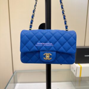 Replica Chanel Small Classic Flap CF Bag Quilted Caviar Shining Light Gold Hardware 20cm in Cobalt Blue