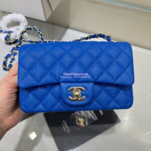 Replica Chanel Small Classic Flap CF Bag Quilted Caviar Shining Light Gold Hardware 20cm in Cobalt Blue 2