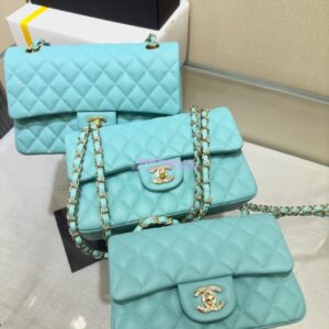 Replica Chanel Small Classic Flap CF Bag Quilted Caviar Shining Light Gold Hardware 20cm in Light Sky Blue