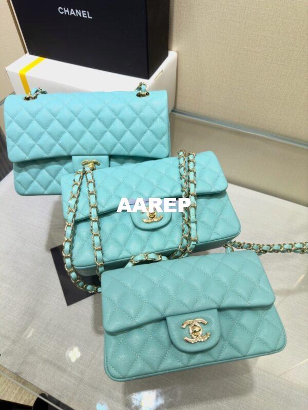Replica Chanel Small Classic Flap CF Bag Quilted Caviar Shining Light Gold Hardware 20cm in Light Sky Blue 3