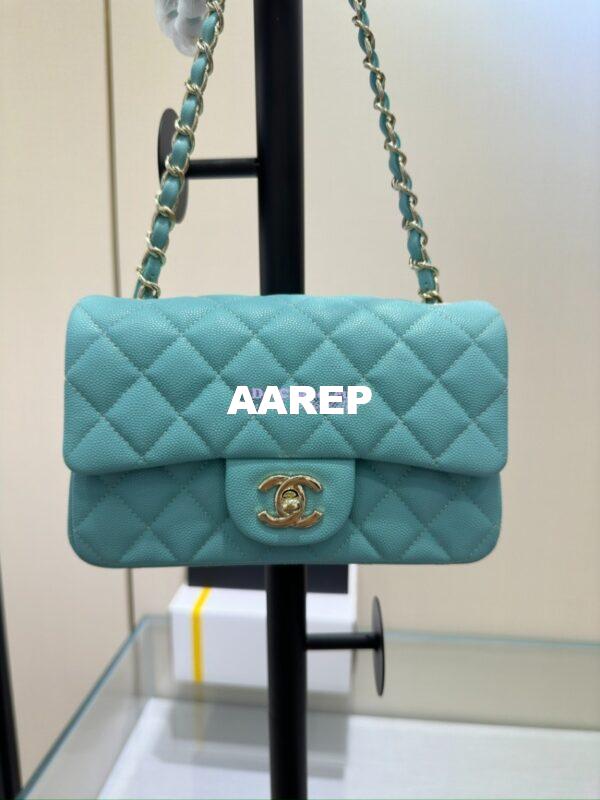 Replica Chanel Small Classic Flap CF Bag Quilted Caviar Shining Light Gold Hardware 20cm in Light Sky Blue 4