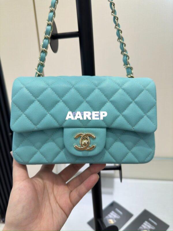 Replica Chanel Small Classic Flap CF Bag Quilted Caviar Shining Light Gold Hardware 20cm in Light Sky Blue 5