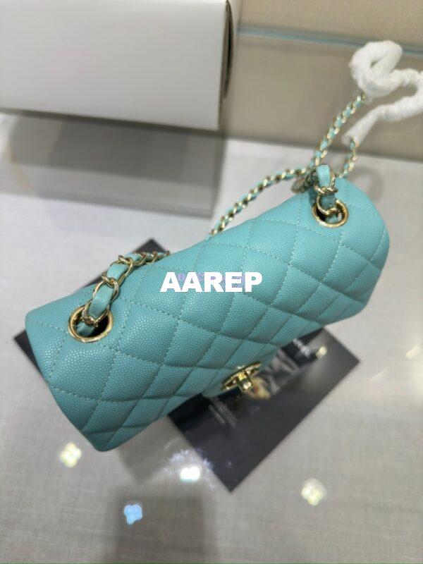 Replica Chanel Small Classic Flap CF Bag Quilted Caviar Shining Light Gold Hardware 20cm in Light Sky Blue 7