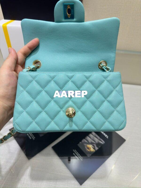Replica Chanel Small Classic Flap CF Bag Quilted Caviar Shining Light Gold Hardware 20cm in Light Sky Blue 11