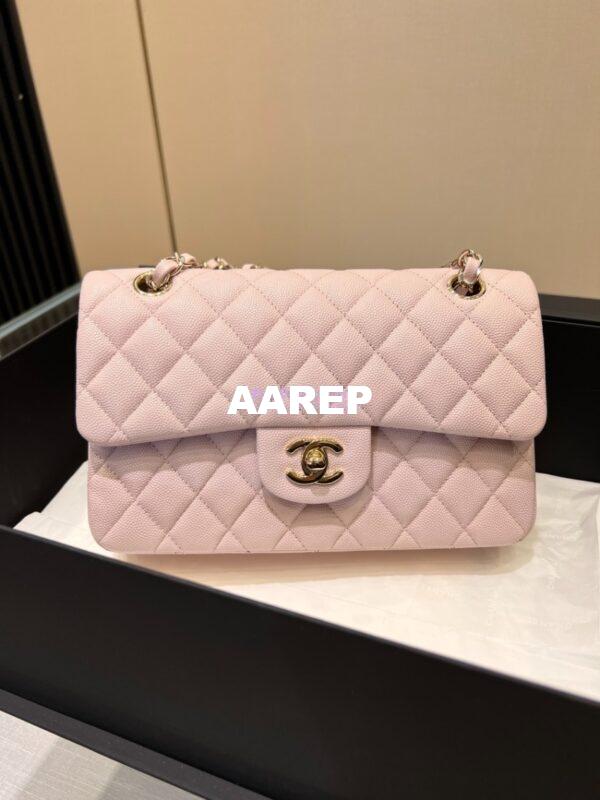 Replica Chanel Small Classic Double Flap Bag in Light Gold Hardware 23cm Quilted Caviar Light Pink 3