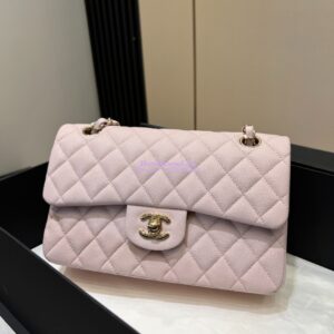 Replica Chanel Small Classic Double Flap Bag in Light Gold Hardware 23cm Quilted Caviar Light Pink 2