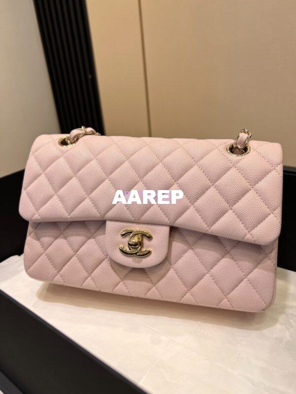 Replica Chanel Small Classic Double Flap Bag in Light Gold Hardware 23cm Quilted Caviar Light Pink 5