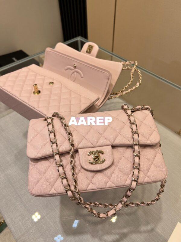 Replica Chanel Small Classic Double Flap Bag in Light Gold Hardware 23cm Quilted Caviar Light Pink 6