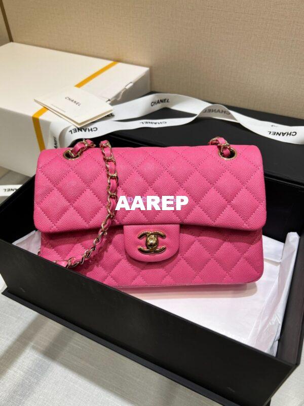 Replica Chanel Small Classic Double Flap Bag in Light Gold Hardware 23cm Quilted Caviar Pink 3