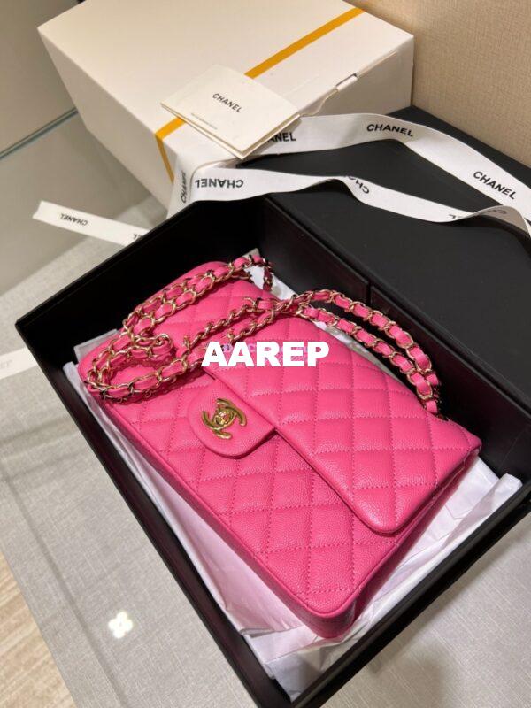 Replica Chanel Small Classic Double Flap Bag in Light Gold Hardware 23cm Quilted Caviar Pink 6