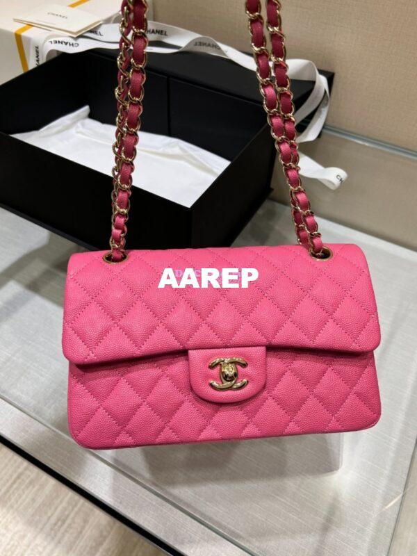 Replica Chanel Small Classic Double Flap Bag in Light Gold Hardware 23cm Quilted Caviar Pink 7