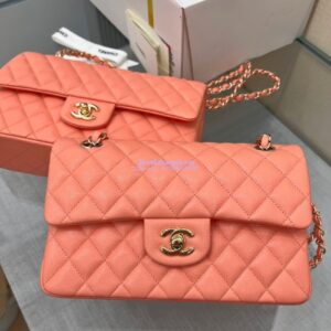 Replica Chanel Small Classic Double Flap Bag in Light Gold Hardware 23cm Quilted Caviar Coral