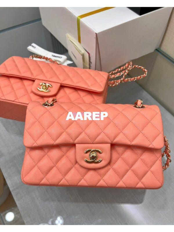 Replica Chanel Small Classic Double Flap Bag in Light Gold Hardware 23cm Quilted Caviar Coral 3