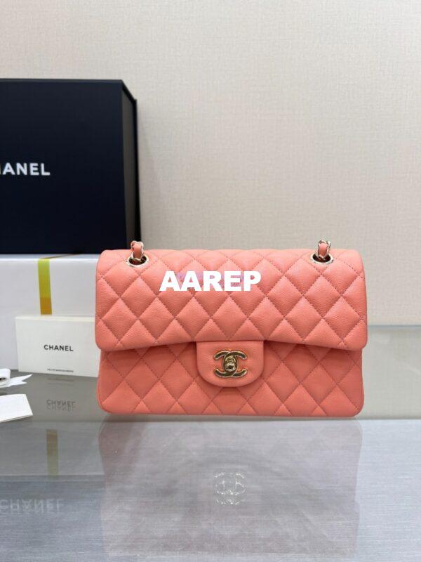 Replica Chanel Small Classic Double Flap Bag in Light Gold Hardware 23cm Quilted Caviar Coral 4