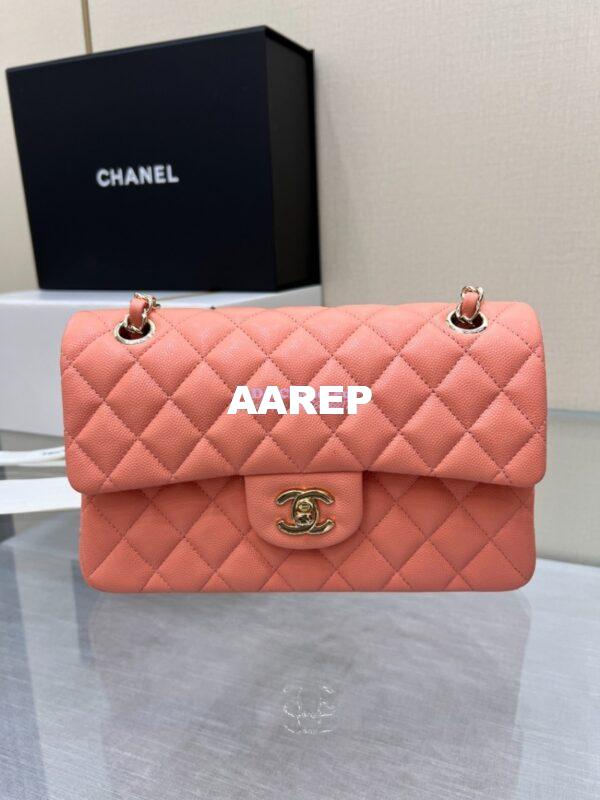 Replica Chanel Small Classic Double Flap Bag in Light Gold Hardware 23cm Quilted Caviar Coral 5