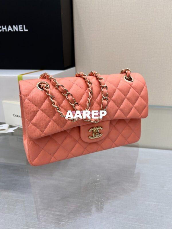 Replica Chanel Small Classic Double Flap Bag in Light Gold Hardware 23cm Quilted Caviar Coral 6