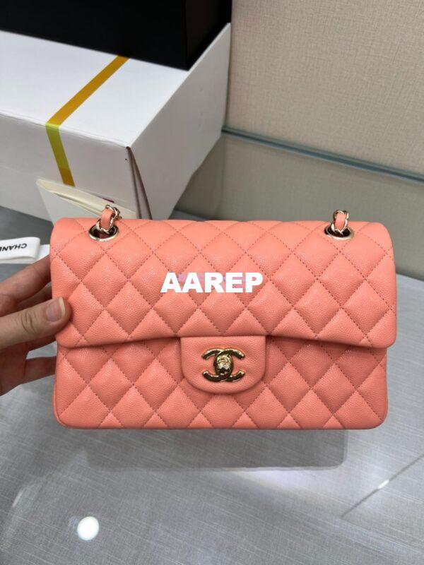 Replica Chanel Small Classic Double Flap Bag in Light Gold Hardware 23cm Quilted Caviar Coral 7
