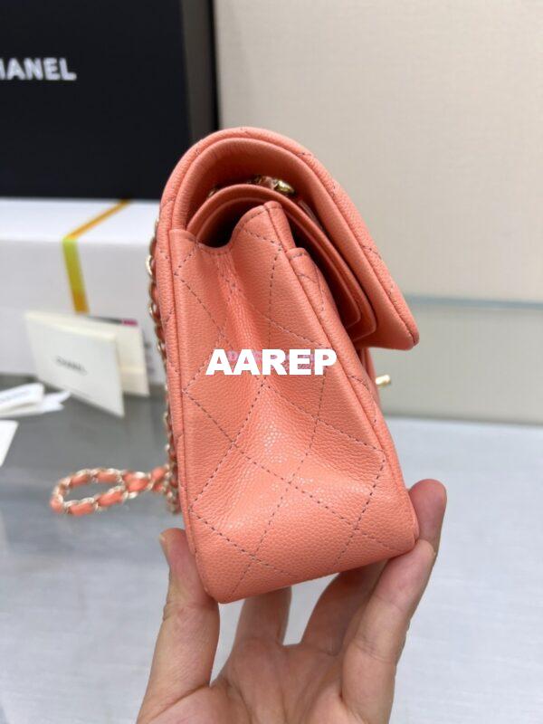 Replica Chanel Small Classic Double Flap Bag in Light Gold Hardware 23cm Quilted Caviar Coral 10