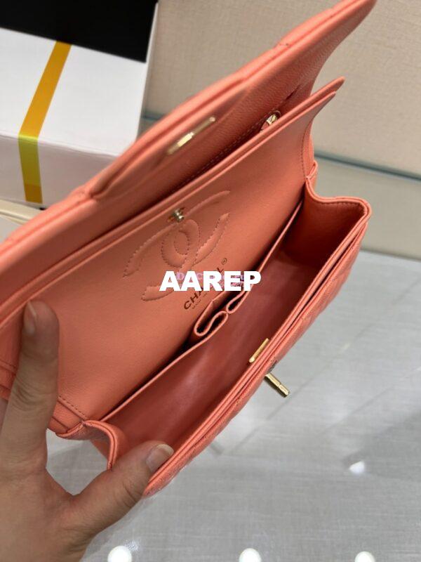 Replica Chanel Small Classic Double Flap Bag in Light Gold Hardware 23cm Quilted Caviar Coral 12