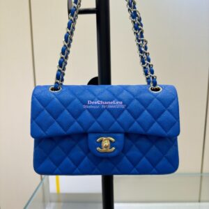 Replica Chanel Small Classic Double Flap Bag in Light Gold Hardware 23cm Quilted Caviar Cobalt Blue