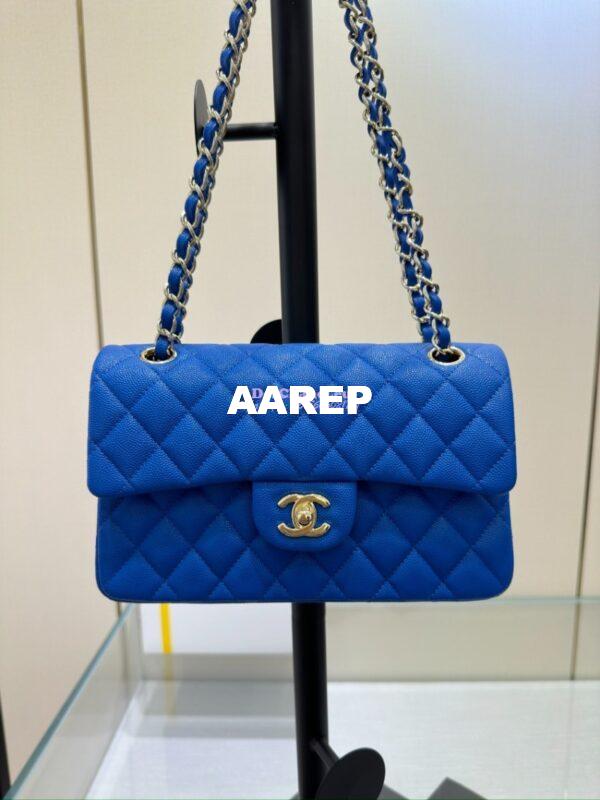 Replica Chanel Small Classic Double Flap Bag in Light Gold Hardware 23cm Quilted Caviar Cobalt Blue 3