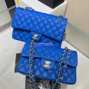 Replica Chanel Small Classic Double Flap Bag in Light Gold Hardware 23cm Quilted Caviar Cobalt Blue 2