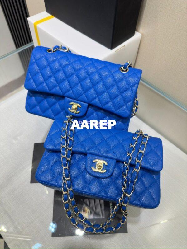Replica Chanel Small Classic Double Flap Bag in Light Gold Hardware 23cm Quilted Caviar Cobalt Blue 4