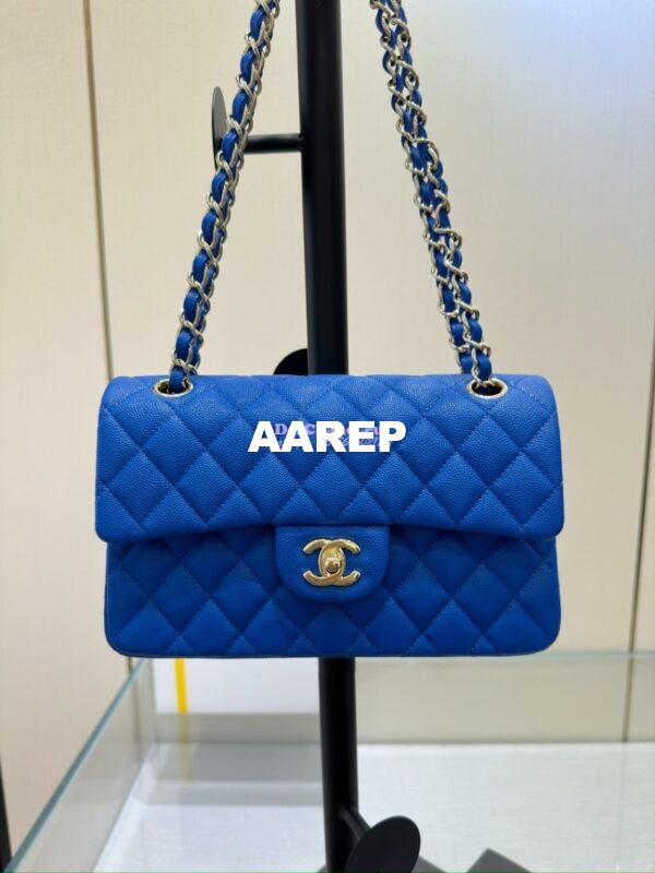 Replica Chanel Small Classic Double Flap Bag in Light Gold Hardware 23cm Quilted Caviar Cobalt Blue 5