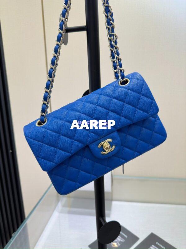 Replica Chanel Small Classic Double Flap Bag in Light Gold Hardware 23cm Quilted Caviar Cobalt Blue 6