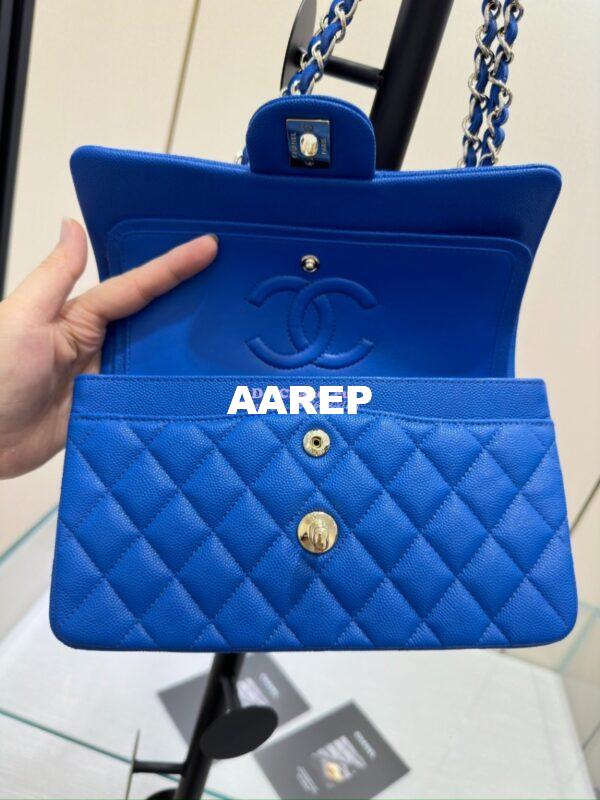 Replica Chanel Small Classic Double Flap Bag in Light Gold Hardware 23cm Quilted Caviar Cobalt Blue 10