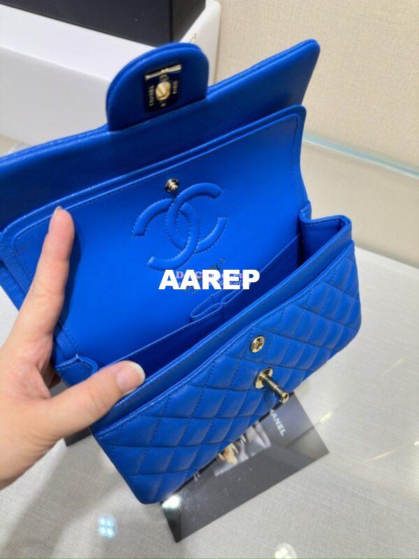 Replica Chanel Small Classic Double Flap Bag in Light Gold Hardware 23cm Quilted Caviar Cobalt Blue 11