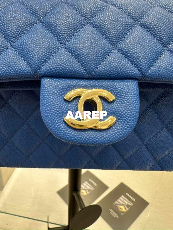 Replica Chanel Small Classic Double Flap Bag in Light Gold Hardware 23cm Quilted Caviar Cobalt Blue 13