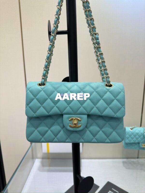 Replica Chanel Small Classic Double Flap Bag in Light Gold Hardware 23cm Quilted Caviar Light Sky Blue 3