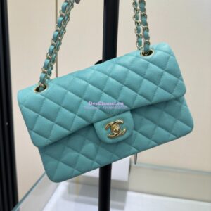 Replica Chanel Small Classic Double Flap Bag in Light Gold Hardware 23cm Quilted Caviar Light Sky Blue 2