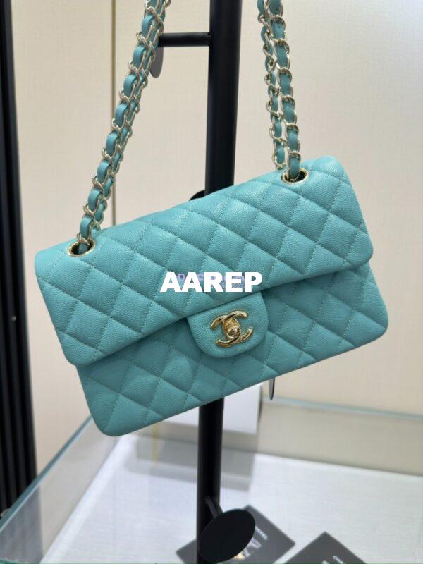 Replica Chanel Small Classic Double Flap Bag in Light Gold Hardware 23cm Quilted Caviar Light Sky Blue 4