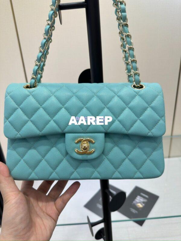 Replica Chanel Small Classic Double Flap Bag in Light Gold Hardware 23cm Quilted Caviar Light Sky Blue 5