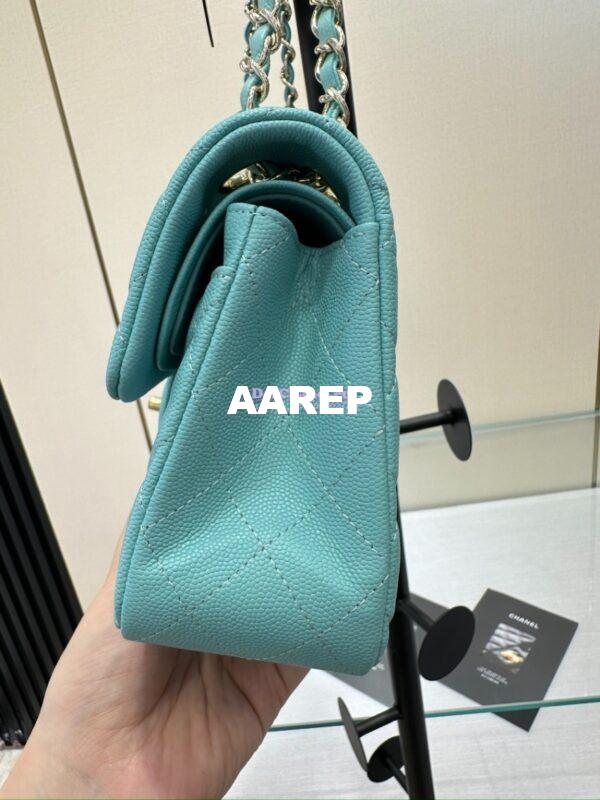 Replica Chanel Small Classic Double Flap Bag in Light Gold Hardware 23cm Quilted Caviar Light Sky Blue 6