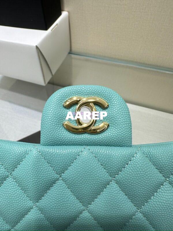 Replica Chanel Small Classic Double Flap Bag in Light Gold Hardware 23cm Quilted Caviar Light Sky Blue 7