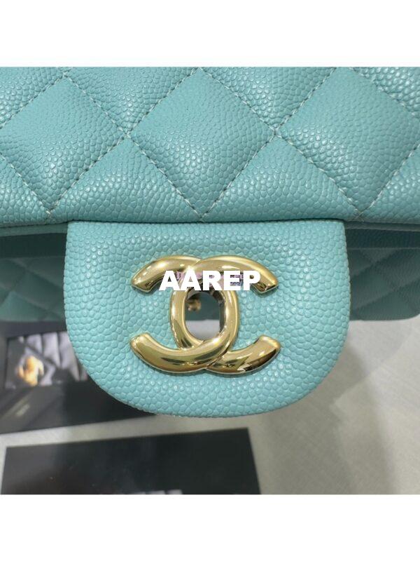Replica Chanel Small Classic Double Flap Bag in Light Gold Hardware 23cm Quilted Caviar Light Sky Blue 8