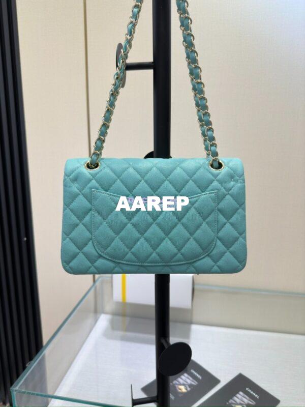 Replica Chanel Small Classic Double Flap Bag in Light Gold Hardware 23cm Quilted Caviar Light Sky Blue 10