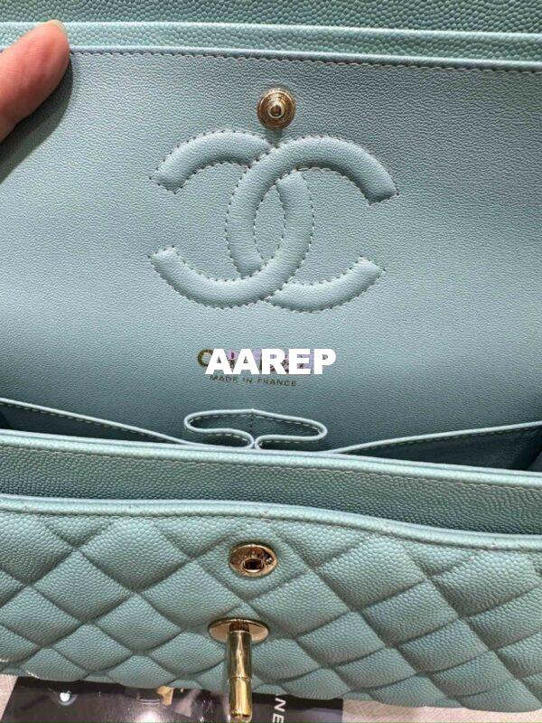 Replica Chanel Small Classic Double Flap Bag in Light Gold Hardware 23cm Quilted Caviar Light Sky Blue 13