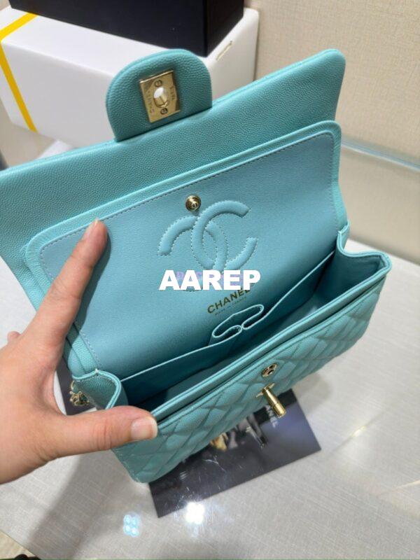 Replica Chanel Small Classic Double Flap Bag in Light Gold Hardware 23cm Quilted Caviar Light Sky Blue 14