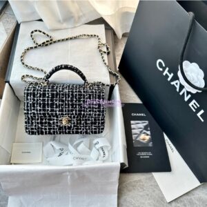 Replica Chanel Tweed Mini Flap Bag With Top Handle Black White AS2431 with Light Gold Hardware