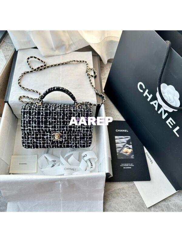 Replica Chanel Tweed Mini Flap Bag With Top Handle Black White AS2431 with Light Gold Hardware 3
