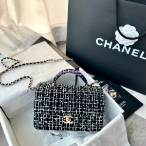 Replica Chanel Tweed Mini Flap Bag With Top Handle Black White AS2431 with Light Gold Hardware 2