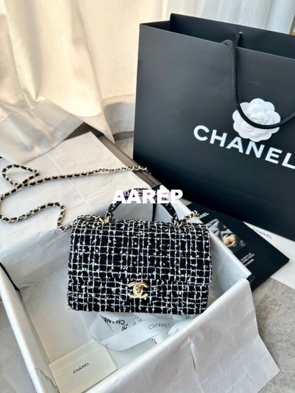 Replica Chanel Tweed Mini Flap Bag With Top Handle Black White AS2431 with Light Gold Hardware 4