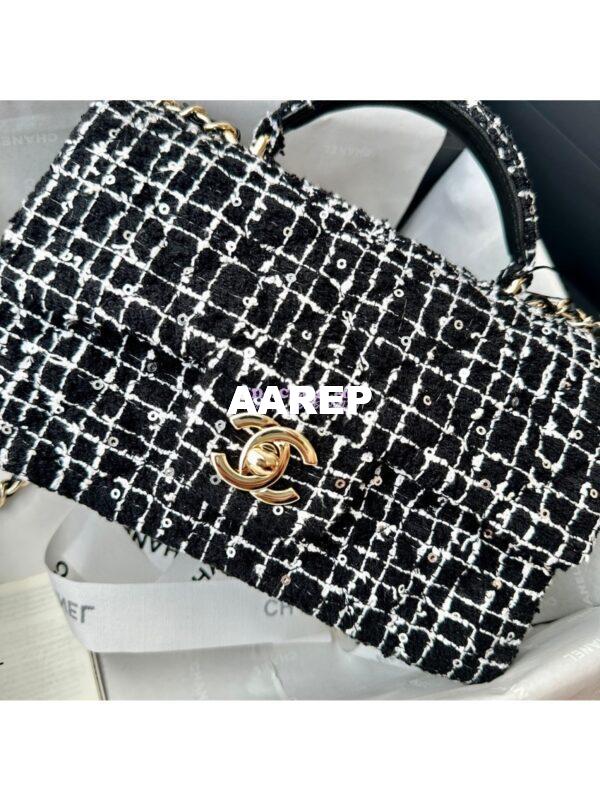 Replica Chanel Tweed Mini Flap Bag With Top Handle Black White AS2431 with Light Gold Hardware 6