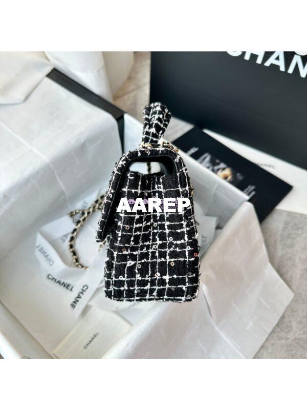 Replica Chanel Tweed Mini Flap Bag With Top Handle Black White AS2431 with Light Gold Hardware 7